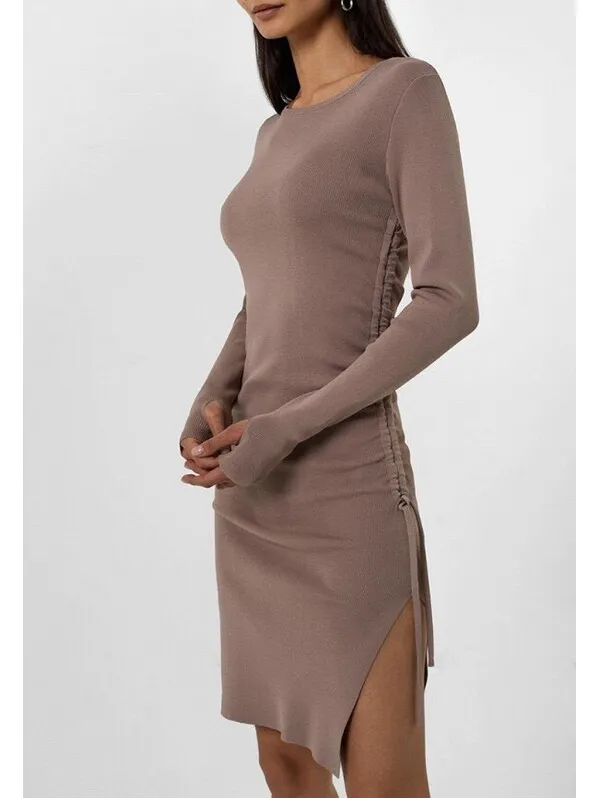 Long Sleeve Side Ruched Midi Dress with Side Slit in Taupe - Image 2
