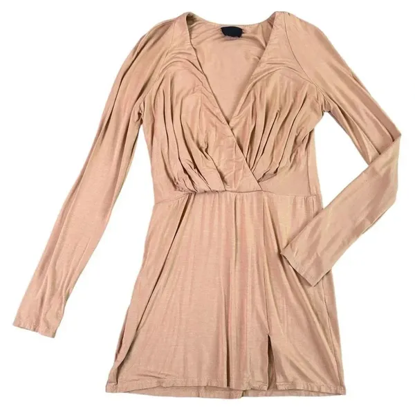 NBD Katia Mini Dress Long Sleeve Camel Jersey Stretch Low Cut Size Small Women's - Image 3
