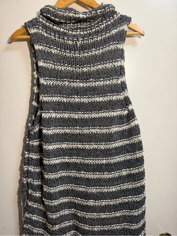 Free People Folksong Fringe Knit Vest Tunic Gray Stripe Boho Cowl Neck M - Image 9