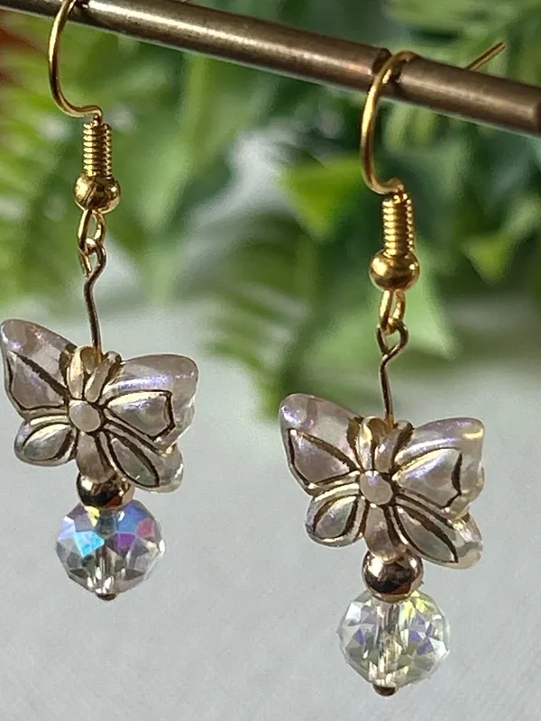 Gold Butterfly Drop Earrings with Iridescent Crystal Dangles - Image 2