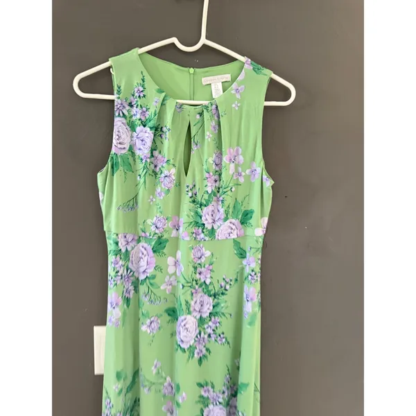 London Times Green Purple Floral Keyhole Midi Dress Womens 6 Sleeveless Sundress - Image 3