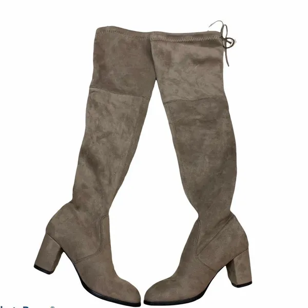Over the knee stretch vegan suede heeled boots tan - Image 2