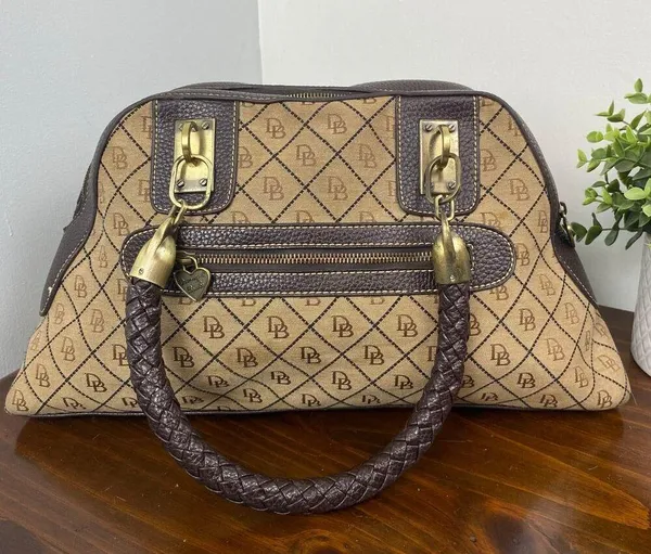 Dooney And Bourke Vintage Leather Brown Leather Signature Canvas Satchel Handbag - Image 4