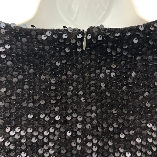 Ann Taylor Black Sequin Short Sleeve Feather Trim Round Neck Shirt Top Size XS - Image 7