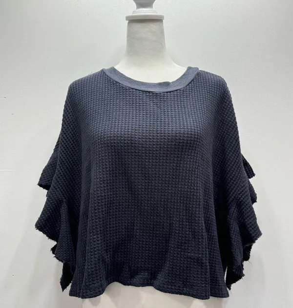 BUCKETLIST Navy Blue Waffle Knit Raw Edge Flutter Sleeve Slouchy Cropped Top NEW - Image 4