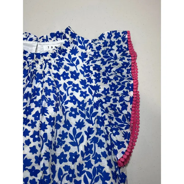 THML Anthropologie XL Blue White Floral Tiered Babydoll Dress Pink Pom Pom Trim - Image 8