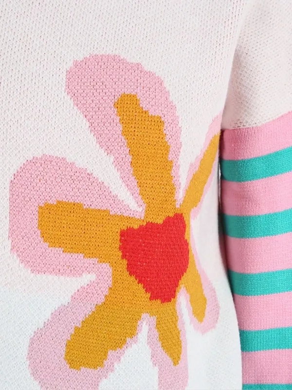NEW Boutique Floral Striped Mixed Print Crewneck Sweater Summer Spring Bright - Image 6
