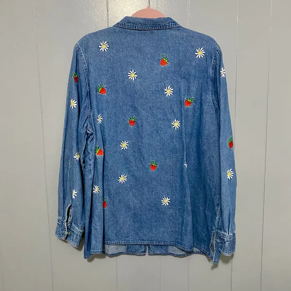 The Quacker Factory Vintage Strawberry Embroidered Denim Full Zip Jacket XL - Image 5