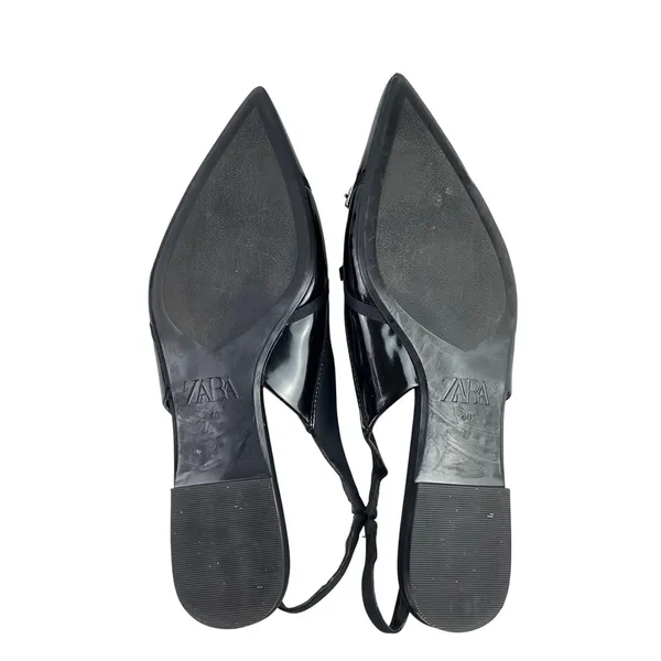 Zara Women's Black Faux Leather Pointed Toe Slingback Buckle Flat Sandals Size 9 - Image 4
