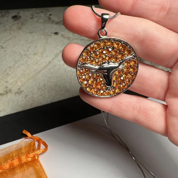 Rhinestone Texas Longhorn Round Pendant Silver Tone Chain Necklace - Image 6