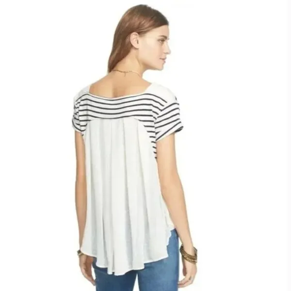 Free People French Kiss Mixed Media Top Stripe Blue White High Low Size Small - Image 2