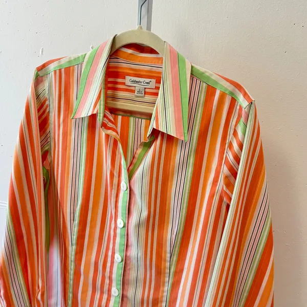 Y2K Coldwater Creek Large Orange Green Striped Cotton‎ Button Down Shirt H33599 - Image 3