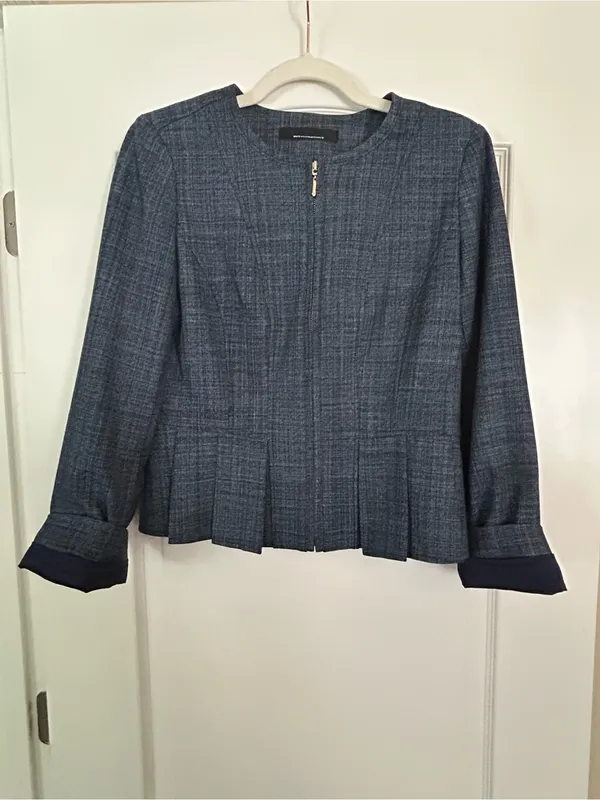 White House Black Market Peplum Pleated Hem Jacket Blue Crosshatch - Image 4