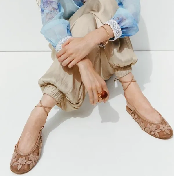 Amazon Lace-Up Mesh Ballet Flats, Floral Embroidered Round Toe Mary Jane Summer Dancer Shoes - Image 2