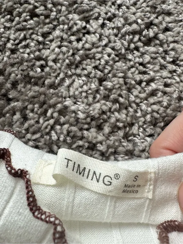Timing Two-Tone Ribbed Long-Sleeve Top in Beige, White & Brown Trim - Image 4