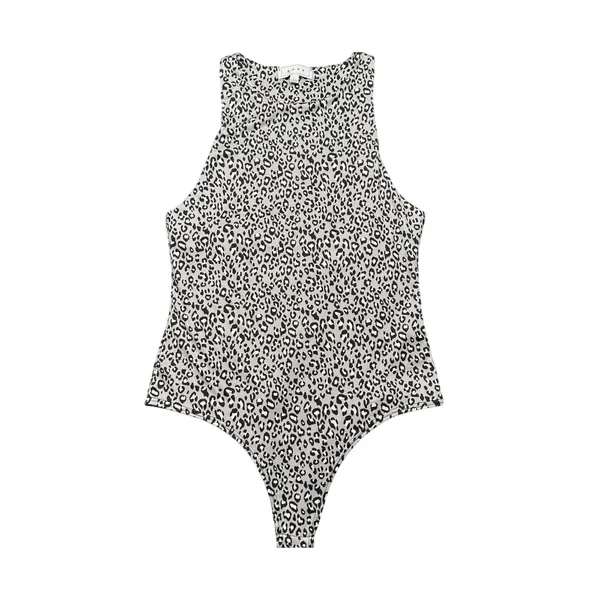 Leopard Print Bodysuit Large Sleeveless Stretch Snap Bottom Gray - Image 2