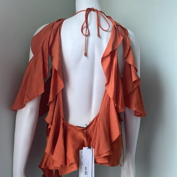 NEW Zara Orange Satin Ruffle Draped Off Shoulder Tank Top Blouse Small - Image 12
