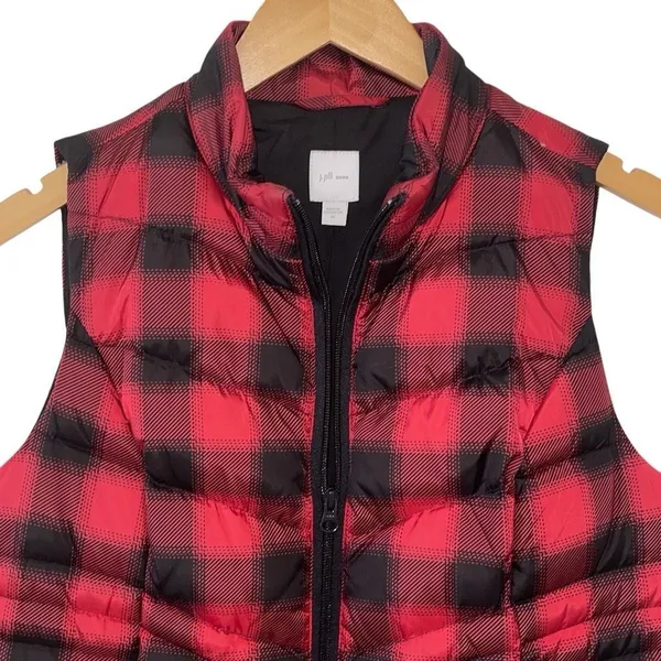 J. Jill Womens Buffalo Plaid Full Zip Quilted Puffer Long Down Vest Red Black XS - Image 3