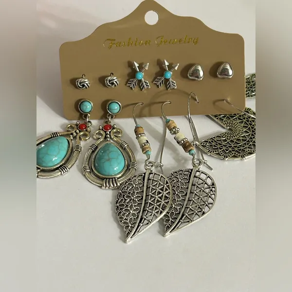 Faux Turquoise and Silver 6 Pair Stud & Dangle Earring Set Brand New - Image 2