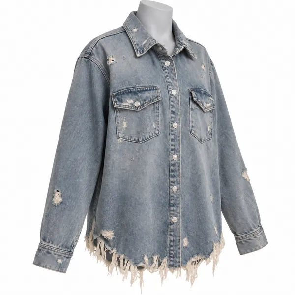 Zara Distressed Frayed Hem Denim Shirt Jacket Light Wash Blue XL Oversized - Image 2