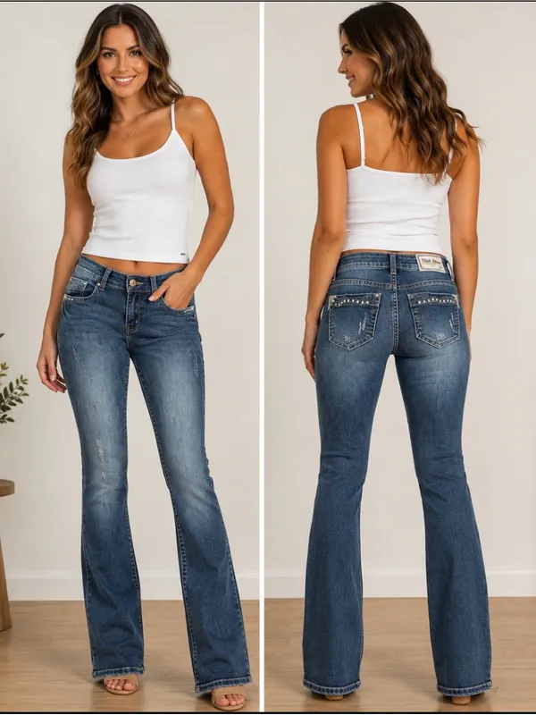 Mid-Rise Embellished Pocket Flare Jeans in Medium Blue - Image 2