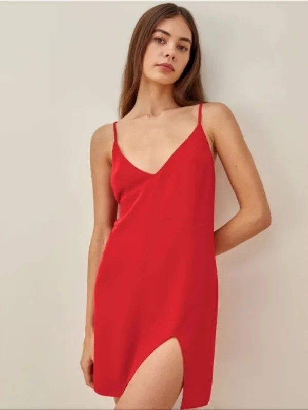 Reformation Marlowe Slip Dress Red V-Neck Spaghetti Strap Mini Slit Womens Sz S - Image 3