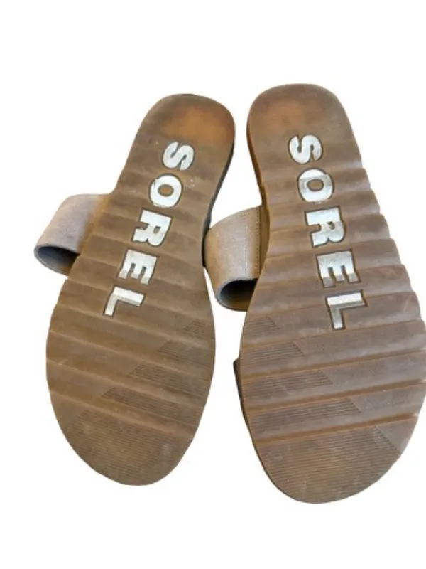 Sorel Gray Gold Two Strap Slide Sandals Suede Metallic Minimalist Size 6 Women's - Image 2
