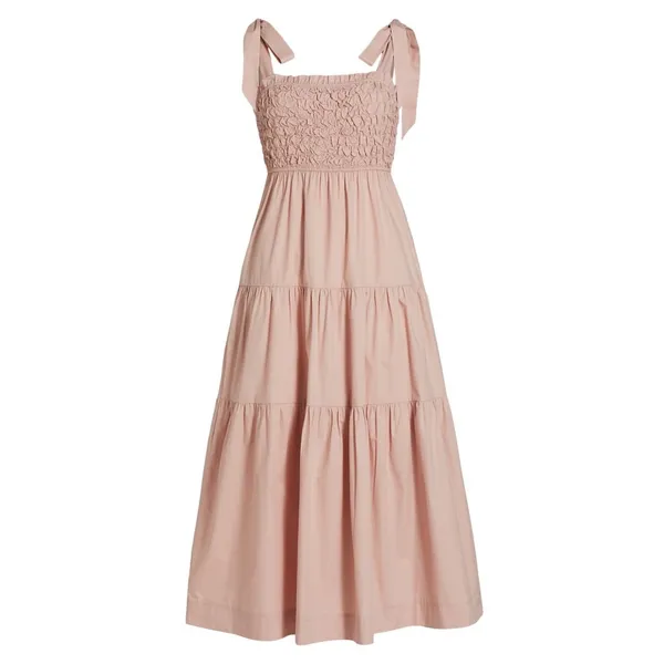 En Saison Smocked Tiered Midi Dress Tie Strap Casual Pink Size S‎ - Image 3