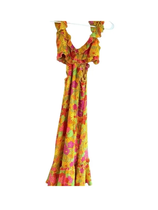 Show Me Your MuMu Pink, Yellow & Green Floral Ruffle Midi Dress - Image 3