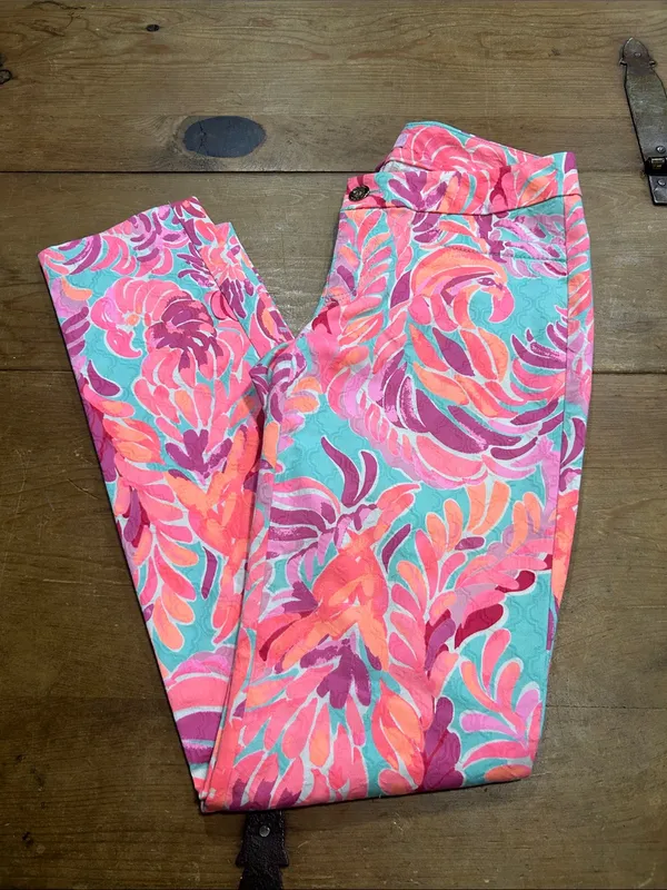 Lilly Pulitzer Floral Print Straight Leg Pants Pink Aqua Size 00 - Image 4