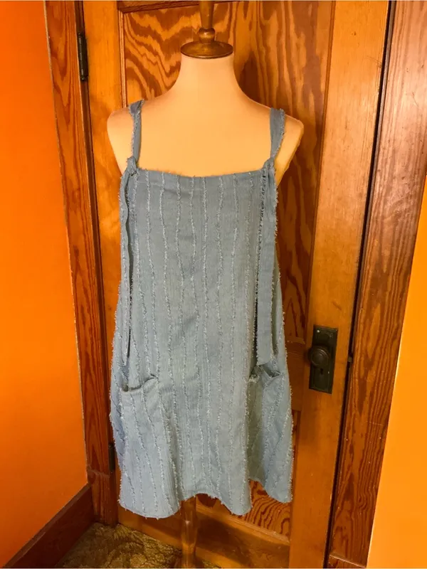 Arula Blue Textured Sleeveless Jumper Dress Oversized Pockets Boho Lagenlook - Image 6