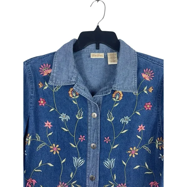 VTG 90s Bobbie Brooks Embroidered Floral Mixed Denim Shirt Button Up L Boho - Image 2