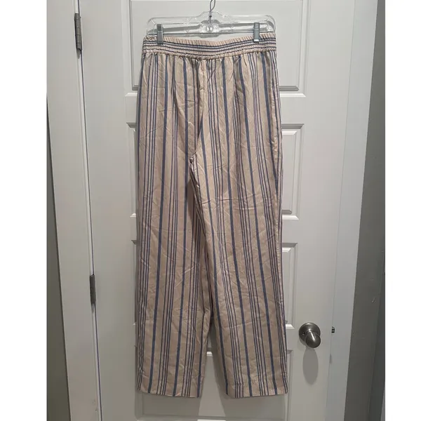 Zara Beige Blue Striped High Waist Pull on Trouser‎ Pants Size Medium - Image 4