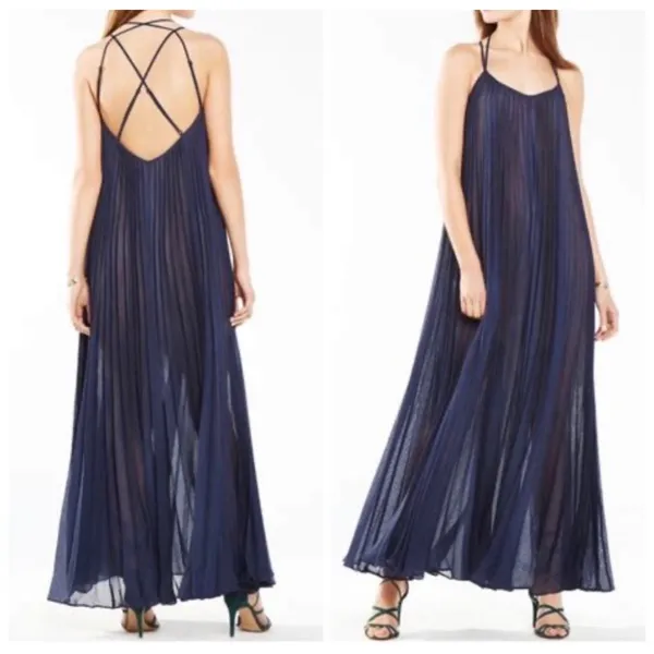 BCBGMAXAZRIA Isadona Navy Pleated Maxi Dress XXS Crisscross Strappy Backward - Image 2
