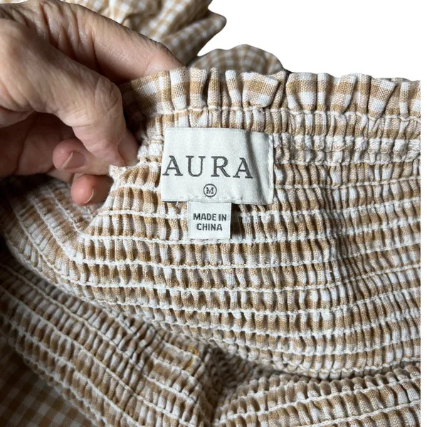AURA Gingham Smocked Square Neck Midi Dress Beige White Puff Sleeve‎ Belted M - Image 4