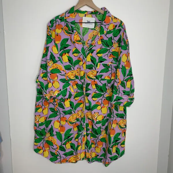 Printfresh Orange Cat & Fruit Purple Long Sleeve Pajama Rare Womens Dress 3XL - Image 2