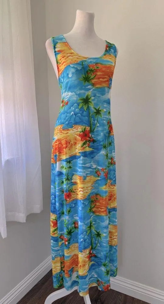 Vintage Y2K Tropical Hawaiian Print Lightweight Scoop Neck Sleeveless Maxi Dress - Image 3