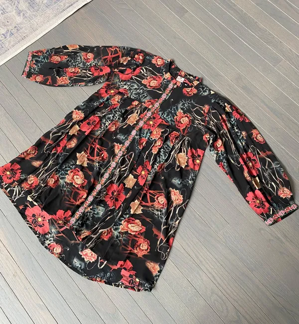 Women’s Floral Long Sleeve A-line Mid Length Georgette Lined Dress - Image 6