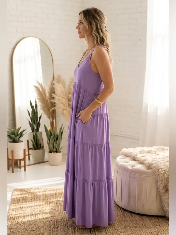 Zenana Purple Tiered Boho Maxi Dress with Pockets Small - Image 2