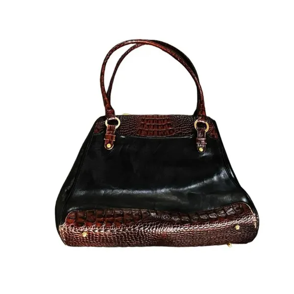 Vintage BRAHMIN Tuscan Black Leather Brown Croc Leather Trims Bucket Bag - Image 8