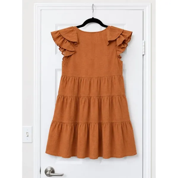 Umgee Rust Tiered Mini Dress Ruffle Sleeve Boho Cottagecore Size Small - Image 3
