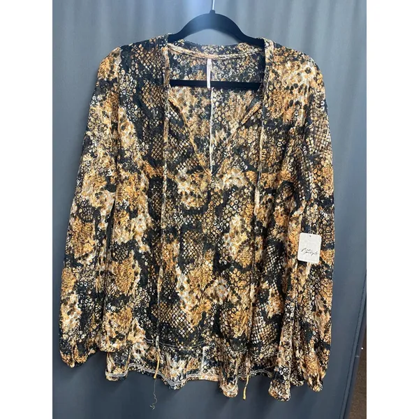 Free People Blouse Top XS Multicolor Snake Pattern Long Sleeve V-Neck Casual B55 - Image 3