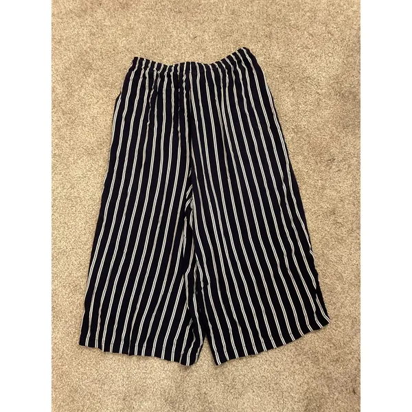 Uniqlo Navy White Striped Cropped Wide Leg Pants Drawstring Elastic Waist, M - Image 6