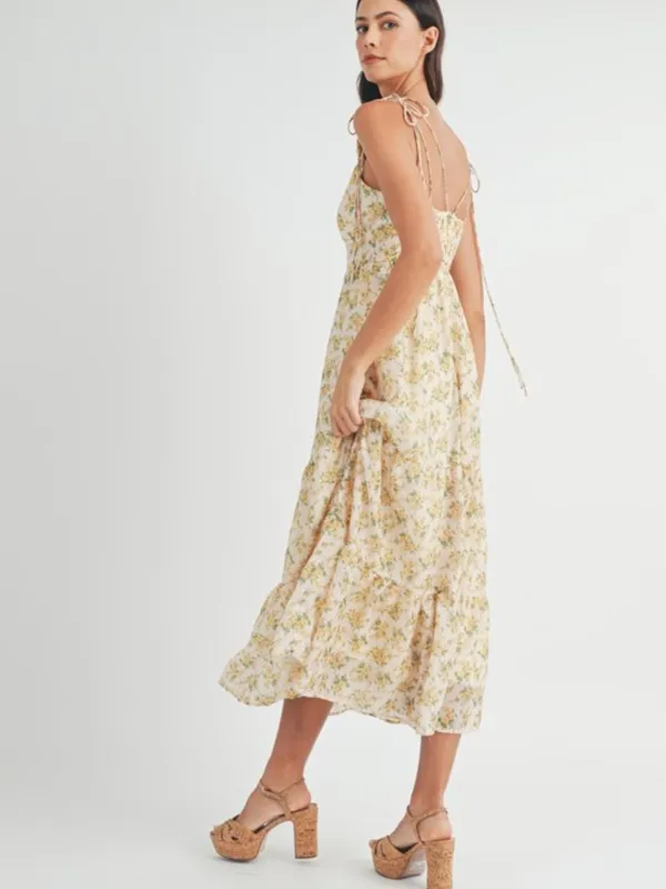 Floral print double self tie spaghetti strap tiered midi dress. Medium - Image 6
