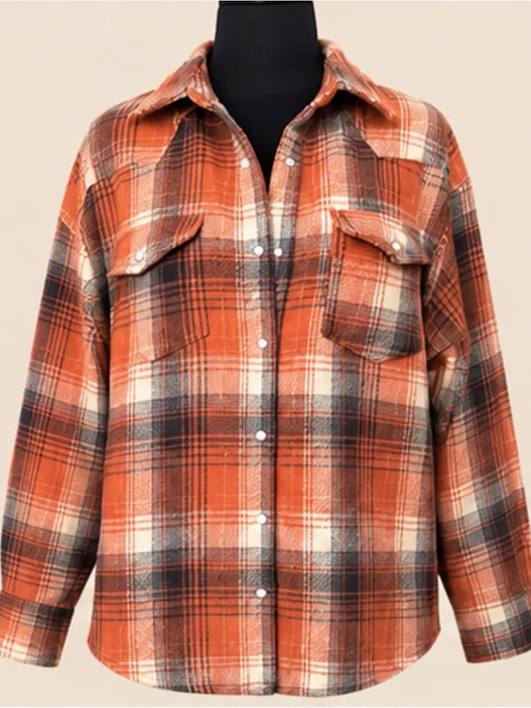 Fantastic Fawn Rust-Orange Plaid Soft Brush Button-Down Shirt / Shacket - Image 2