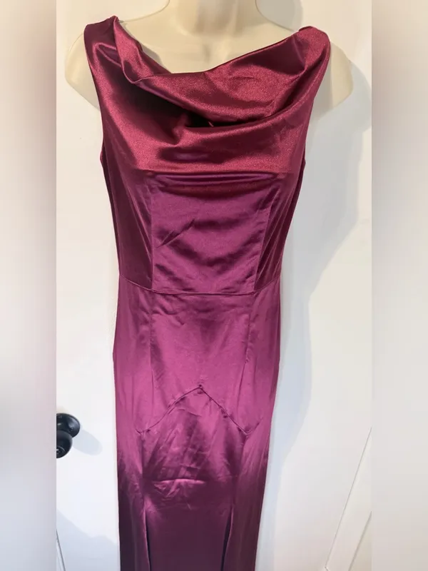 MUXXN S Burgundy Satin Cowl Neck Formal Gown V Back Maxi Dress - Image 4
