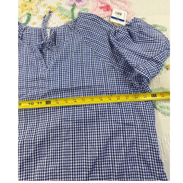 Leo & Nicole Blue‎ Gingham Cotton Blouse 3/4 Puff Sleeve Tie Neck Top Xl NEW - Image 6
