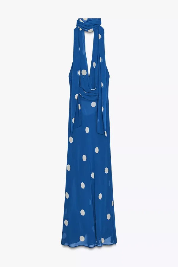 Zara Blue Polka Dot Halter Dress scarf open back maxi long evening party wedding - Image 9