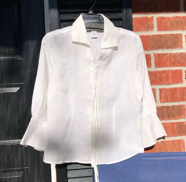 Pink Ribbon Collection White 100% Linen Tie Front Shirt Blouse M - Image 2