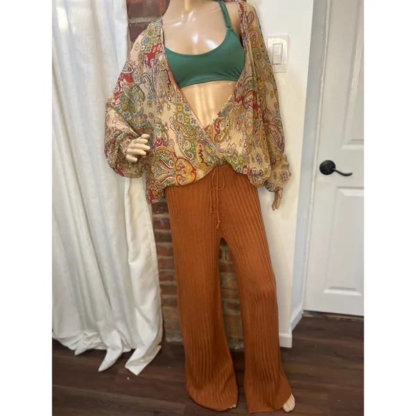 SNDYS Hendrix Ribbed Knit Drawstring Pants Burnt Orange Wide Leg Lounge Pants M - Image 6